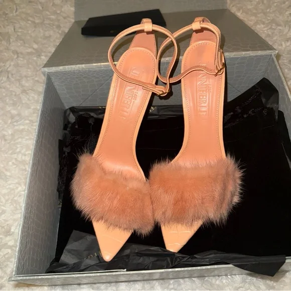 I AM JENNIFER LE Peach Fur Pom High Heel Sandals 40 - Picture 5 of 7